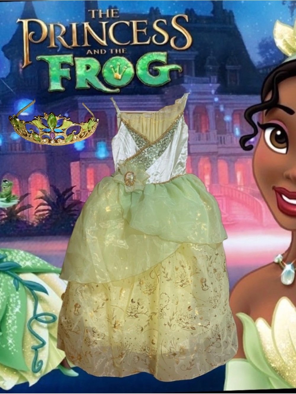 Disney Premium Tiana Costume Size 9-10 Girls w/ Tiara